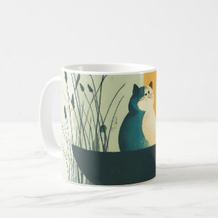 Minimalist Abstract Lake Chubby White Cat Canoe Coffee Mug