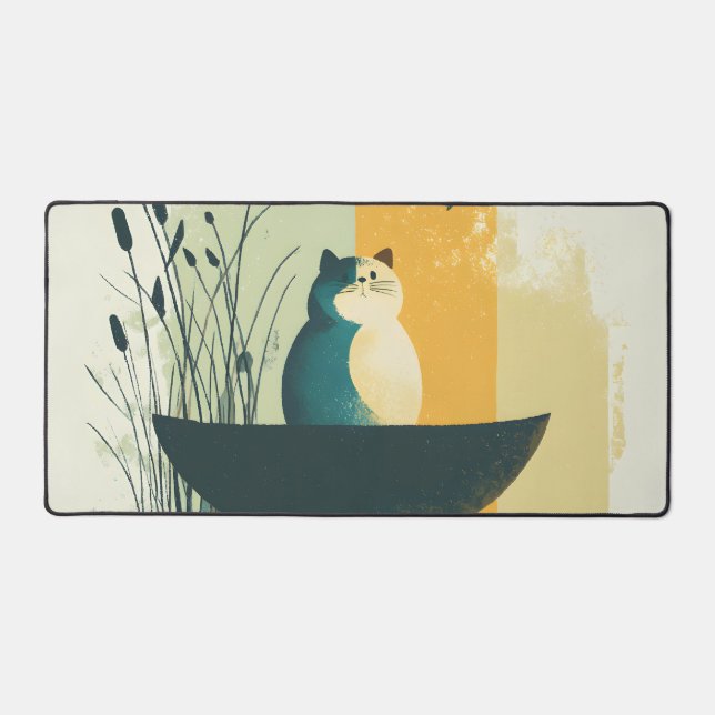 Minimalist Abstract Lake Chubby White Cat Canoe Desk Mat (Front)