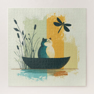 Minimalist Abstract Lake Chubby White Cat Canoe Jigsaw Puzzle