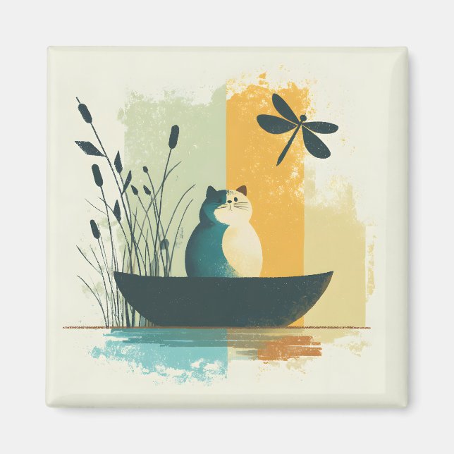 Minimalist Abstract Lake Chubby White Cat Canoe Magnet (Front)
