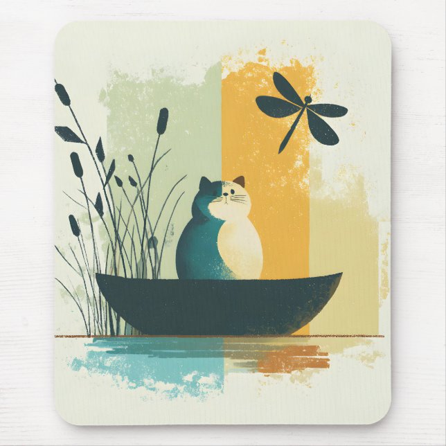 Minimalist Abstract Lake Chubby White Cat Canoe Mouse Mat (Front)