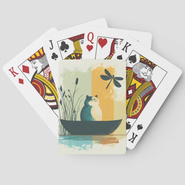 Minimalist Abstract Lake Chubby White Cat Canoe Playing Cards (Back)