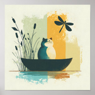 Minimalist Abstract Lake Chubby White Cat Canoe Poster