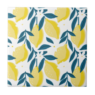 Minimalist Abstract Yellow Lemons and Teal Leaves Tile