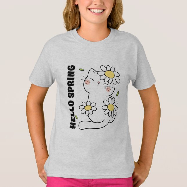 Minimalist Aesthetic Hello Spring Cat & Daisy  T-Shirt (Front)