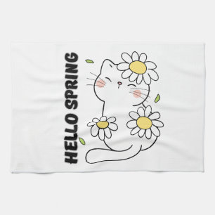 Minimalist Aesthetic Hello Spring Cat & Daisy Tea Towel