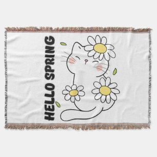Minimalist Aesthetic Hello Spring Cat & Daisy Throw Blanket