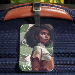 Minimalist Afro Black Girl With Tropical leaves Luggage Tag