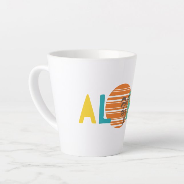 Minimalist "Aloha" Sunset and Palm Tree White Mug (Left Angle)