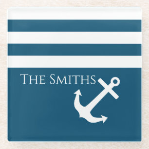 Minimalist Anchor & Stripes Nautical Glass Coaster