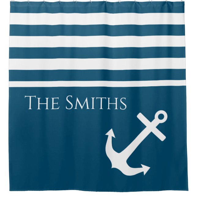 Minimalist Anchor & Stripes Nautical Shower Curtain (Front)