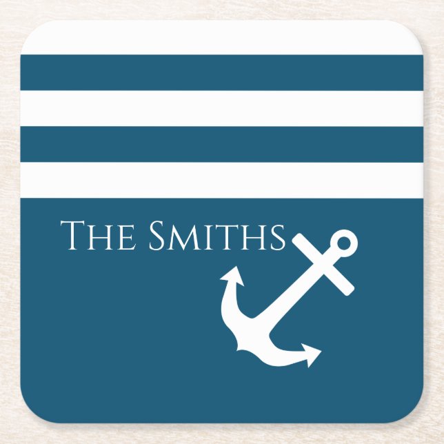 Minimalist Anchor & Stripes Nautical Square Paper Coaster (Front)