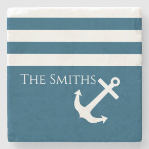 Minimalist Anchor & Stripes Nautical Stone Coaster