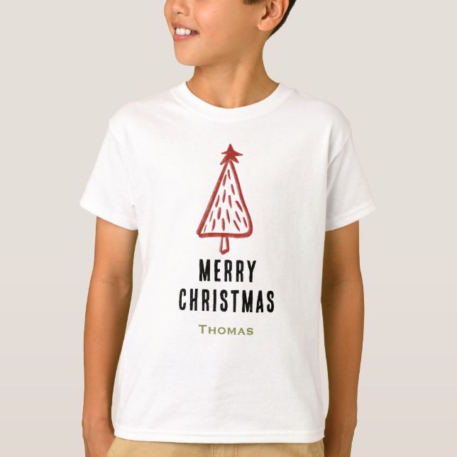 Minimalist and Cute Red Christmas Tree Family T-Shirt (Front)