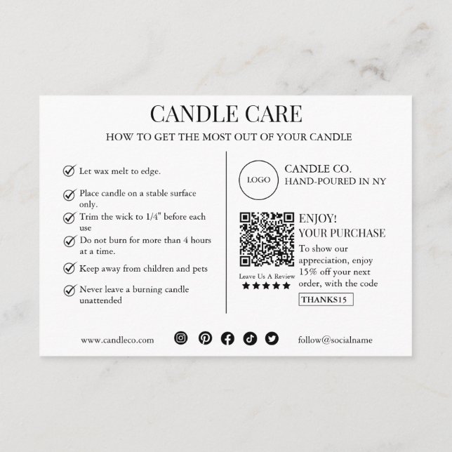Minimalist and Modern Candle Care Card Template (Back)