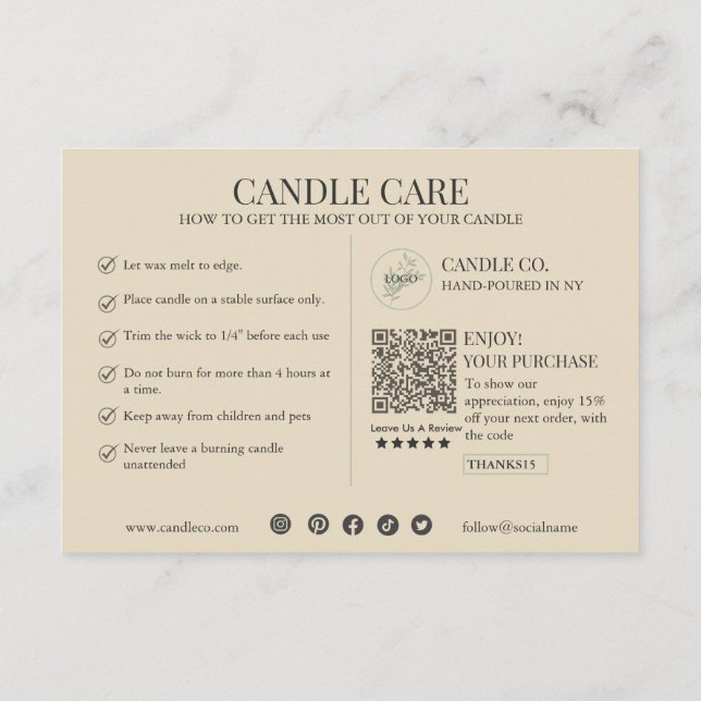 Minimalist and Modern Candle Care Card Template (Back)