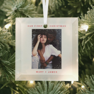 Minimalist and Modern Merry and Married Photo Glass Tree Decoration