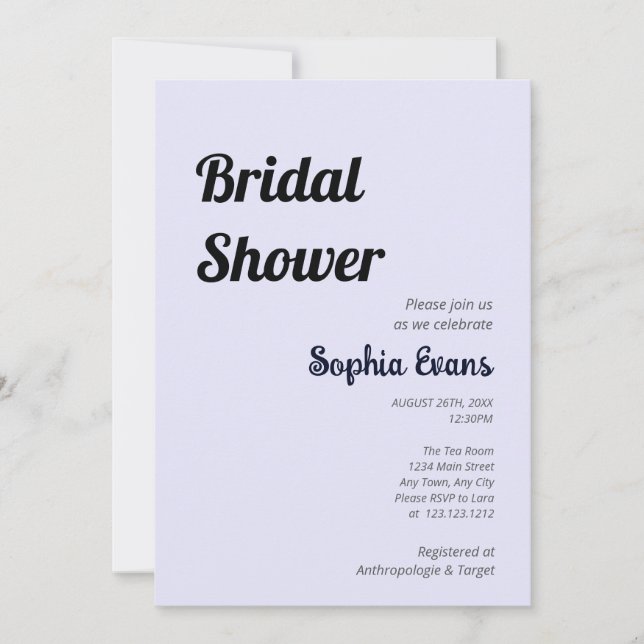 Minimalist and Simple Lavender Bridal Shower Invitation (Front)