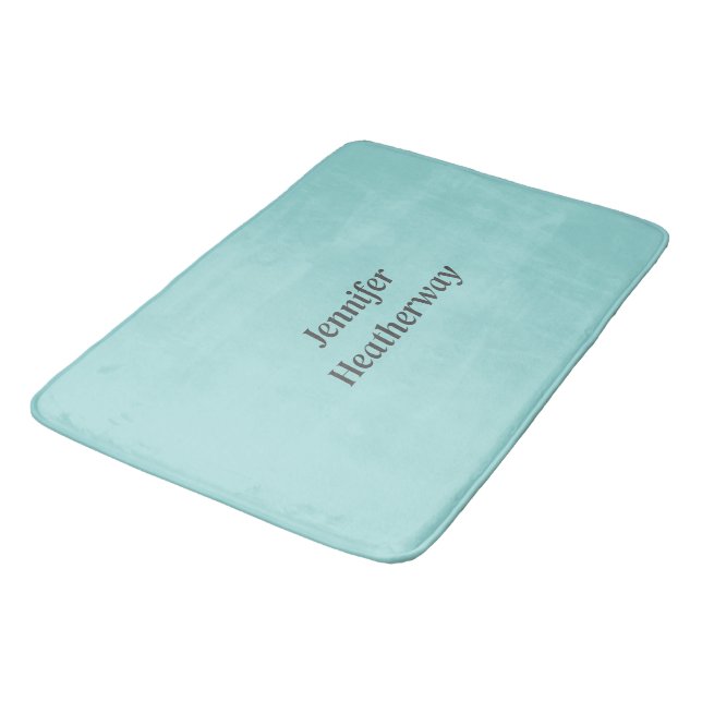 Minimalist aqua blue custom name bath mat (Angled)