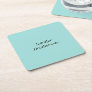 Minimalist aqua blue custom name square paper coaster