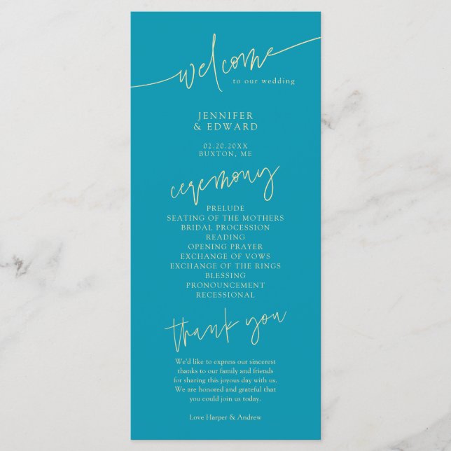 Minimalist Aqua Blue Wedding Ceremony Program Programme (Front)