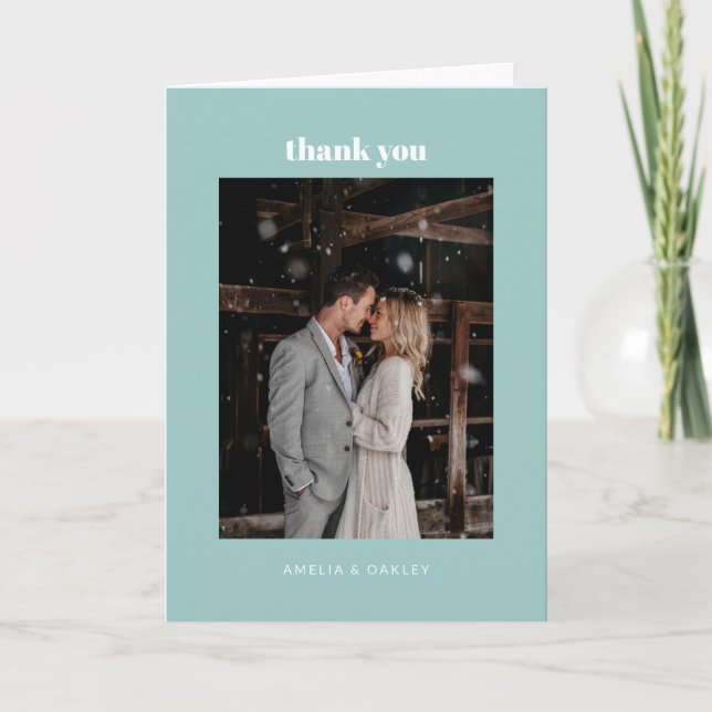 Minimalist Aqua Blue Wedding Photo Folded Thank You Card (Front)