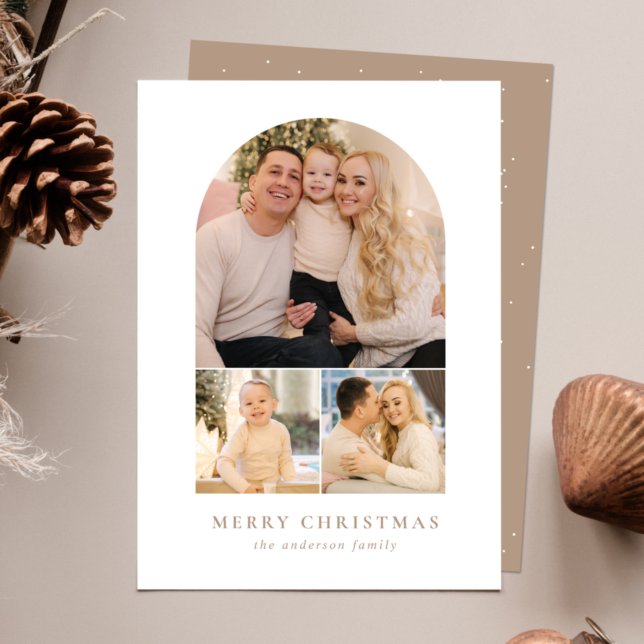 Minimalist Arch Beige 3 Photo Holiday Card (Creator Uploaded)