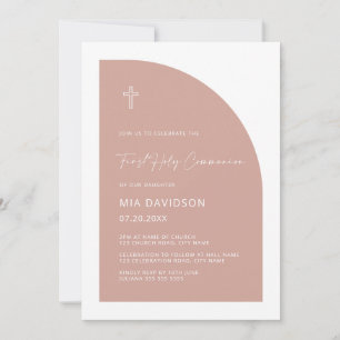 Minimalist Arch Blush Pink First Holy Communion Invitation