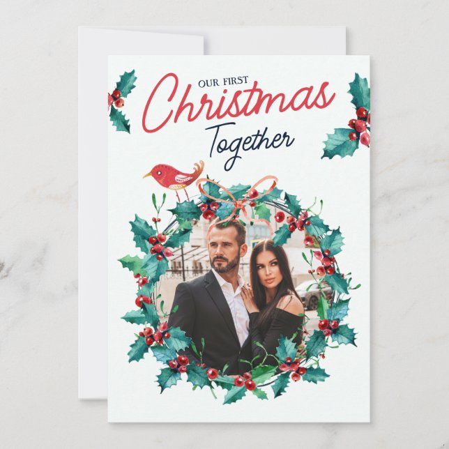 Minimalist Arch First Christmas Couple Photo Holiday Card (Front)