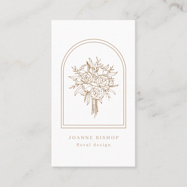 Minimalist Arch & Line Art Flowers Brown Florist Business Card (Front)