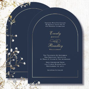 Minimalist Arch Navy White Gold Elegant Wedding Invitation