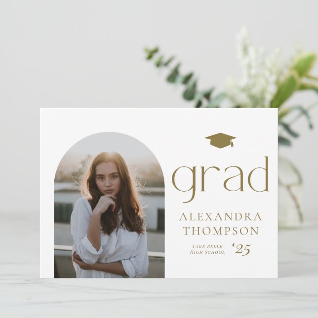 Minimalist Arch Photo Gold Photo Graduation Announ Announcement (Standing Front)