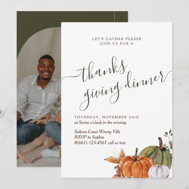 Minimalist Arch Photo Green Thanks Giving Dinner Invitation (Front/Back)