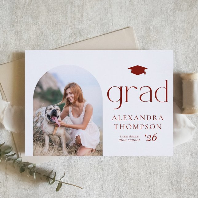 Minimalist Arch Photo Red Photo Graduation Announcement (Customizable burgundy photo graduation announcement featuring minimalist typography. )