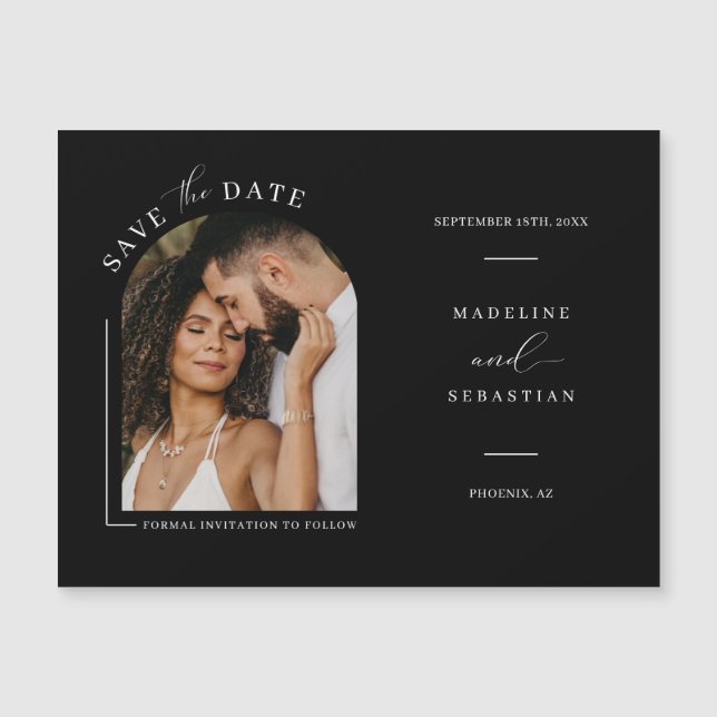 Minimalist Arch Photo Save the Date Magnetic Card (Front)