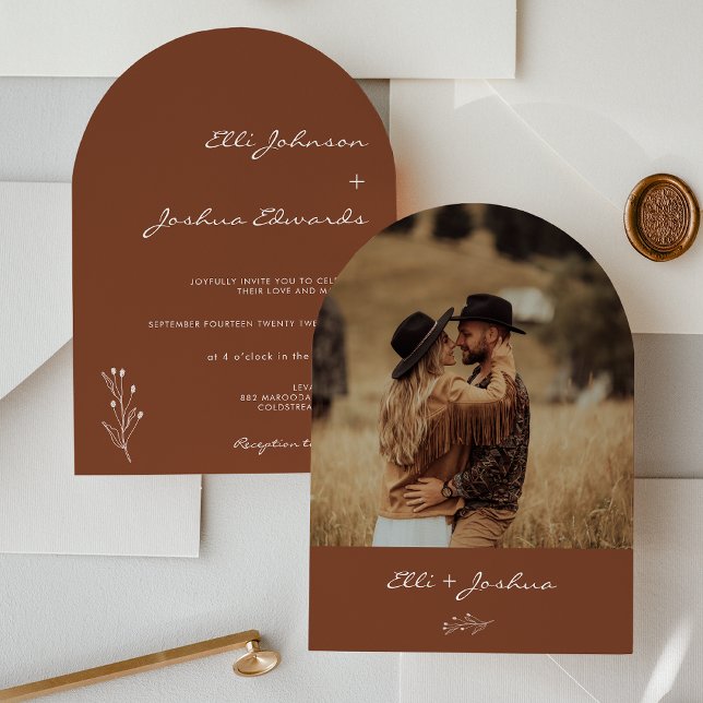 Minimalist Arched Terracotta Bohemian Wedding Invitation (Modern Terracotta Wedding Invitation, Boho Motif, Arched Terracotta Wedding Invitation, Photo Back)