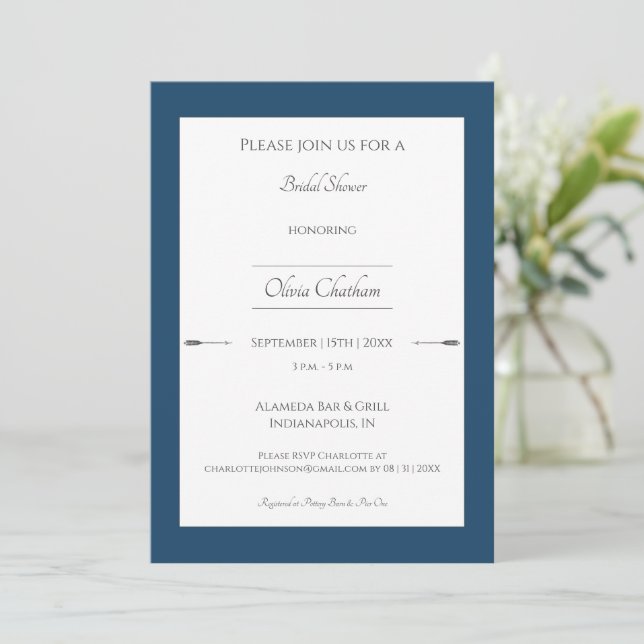 Minimalist Arrows Bridal Shower | Marseille Blue Invitation (Standing Front)