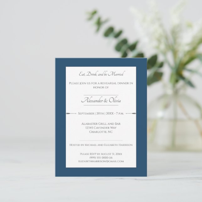 Minimalist Arrows Rehearsal Dinner Marseille Blue Invitation (Standing Front)