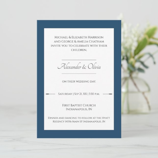 Minimalist Arrows Wedding | Marseille Blue Invitation (Standing Front)