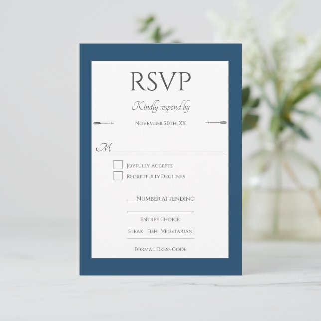 Minimalist Arrows Wedding | Marseille Blue RSVP Card (Standing Front)