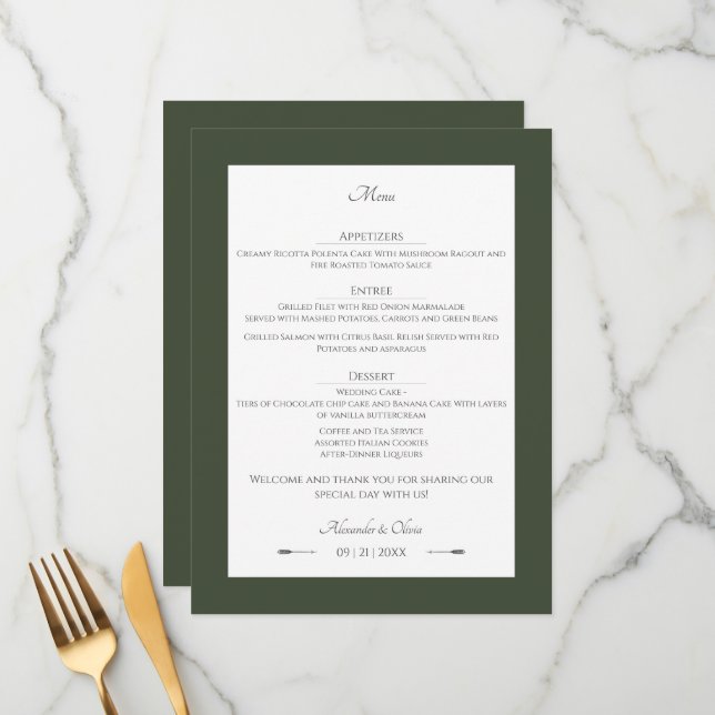 Minimalist Arrows Wedding | Olive Green Menu (Front/Back In Situ)