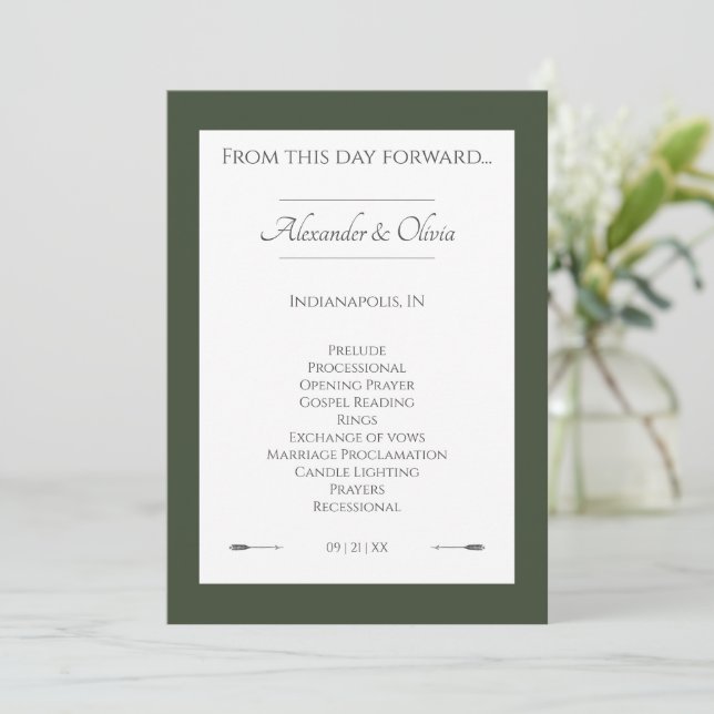 Minimalist Arrows Wedding | Olive Green Programme (Standing Front)