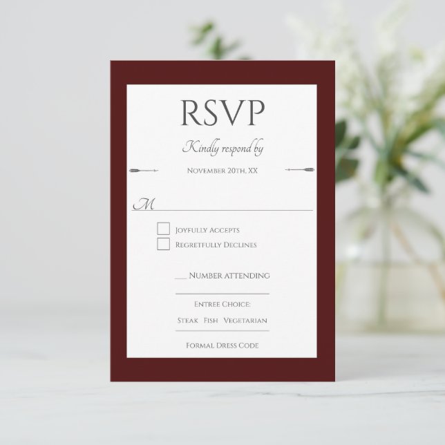 Minimalist Arrows Wedding | Red RSVP Card (Standing Front)