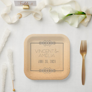 Minimalist Art Deco Peach Custom Wedding Paper Plate