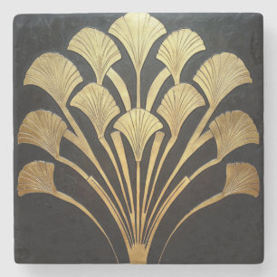 Minimalist Art Deco Sunburst Black and Gold Stone Coaster