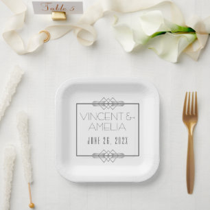 Minimalist Art Deco White Custom Wedding  Paper Plate