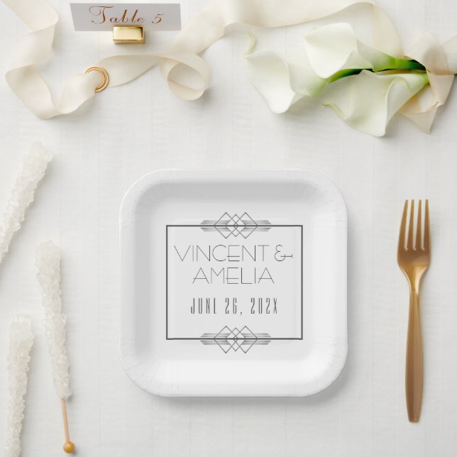 Minimalist Art Deco White Custom Wedding  Paper Plate (Wedding)
