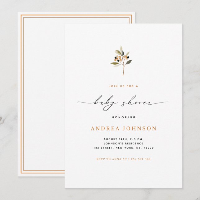 Minimalist Autumn Berries Fall Theme Baby Shower Invitation (Front/Back)