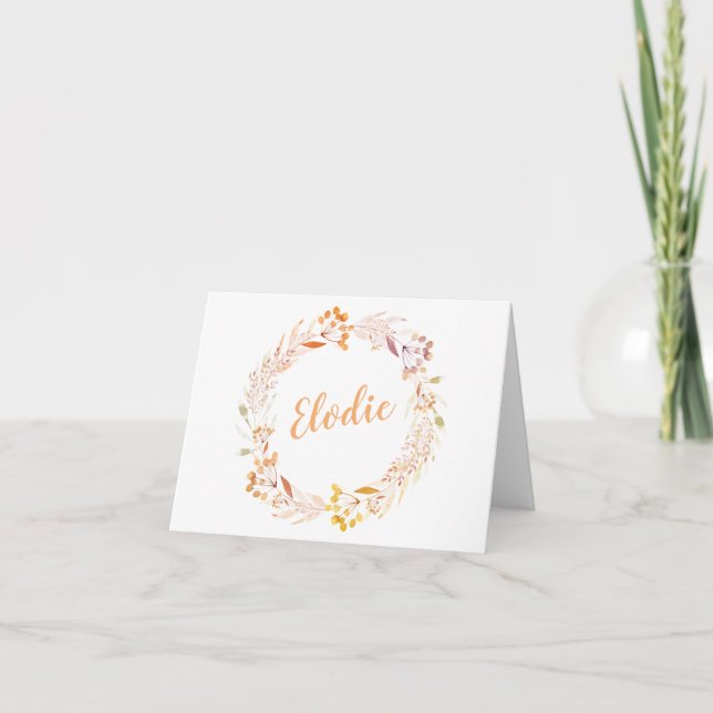 Minimalist Autumn Botanical Wreath Custom Name Note Card (Front)