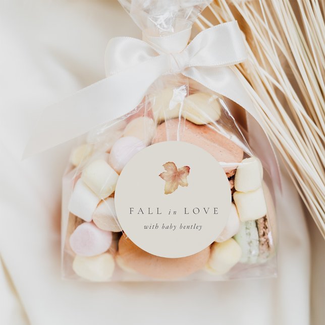 Minimalist Autumn Leaf "Fall in Love" Baby Shower Classic Round Sticker (Creator Uploaded)
